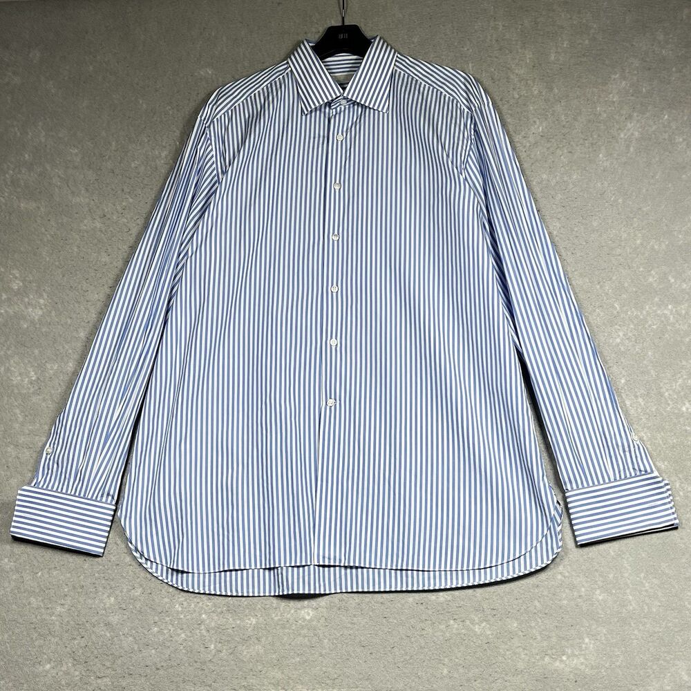 Stefano Ricci Dress Shirt Mens 17.5/44 Blue White Striped French Cuff Cotton